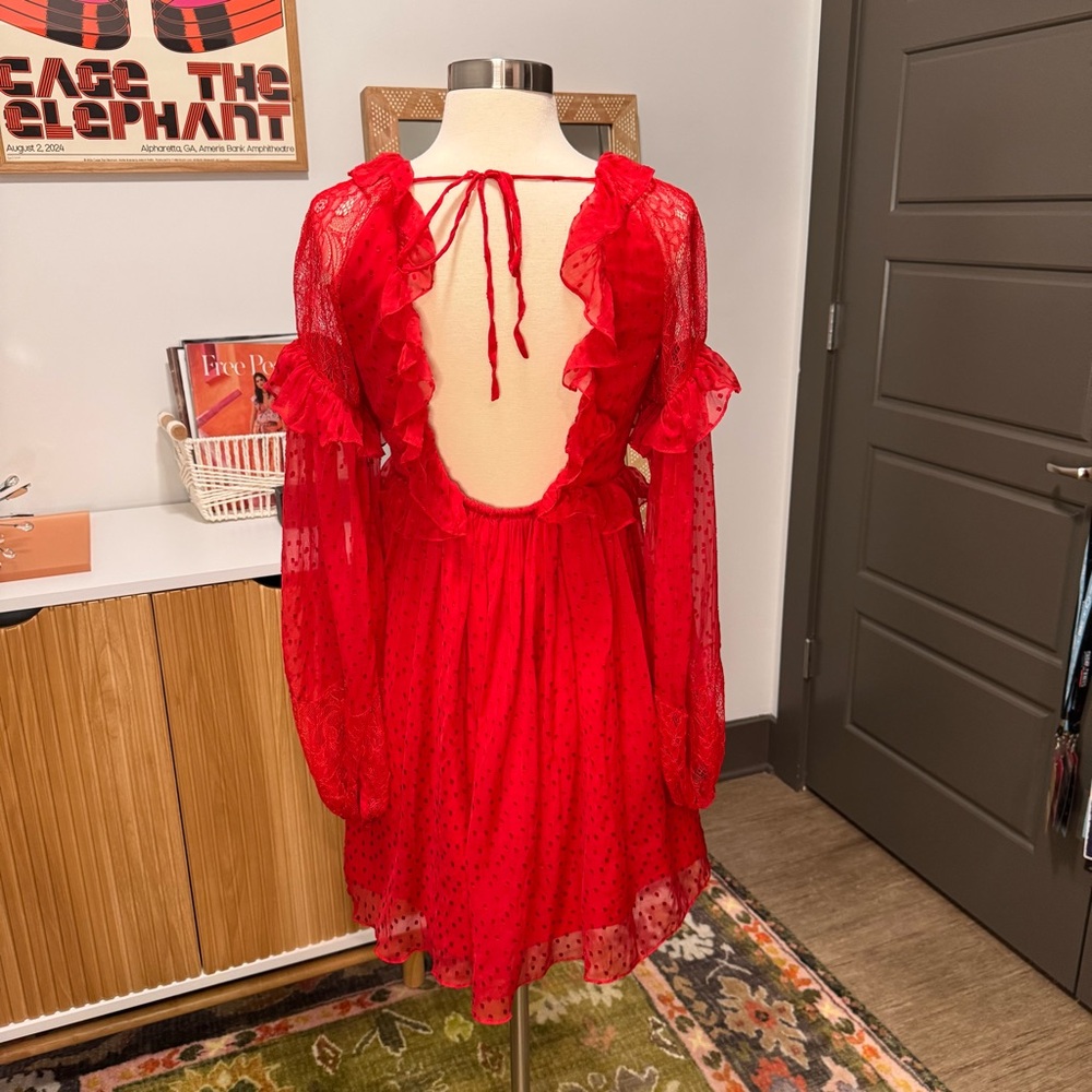 Free People Red Ruffle Swiss Dot Long-Sleeve Mini Dress XS - Picture 8 of 9